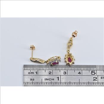 10K Pear Ruby Diamond Halo Dangle Fashion Yellow Gold Earrings
