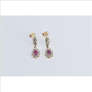 10K Pear Ruby Diamond Halo Dangle Fashion Yellow Gold Earrings