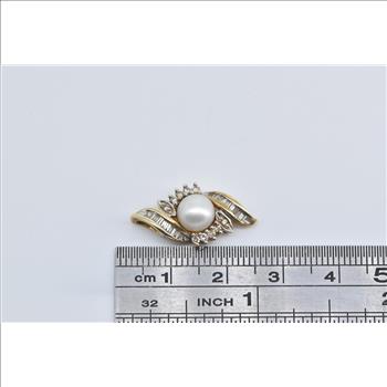10K Pearl Baguette Diamond Swirl Vintage Statement Yellow Gold Pendant