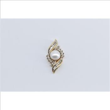 10K Pearl Baguette Diamond Swirl Vintage Statement Yellow Gold Pendant