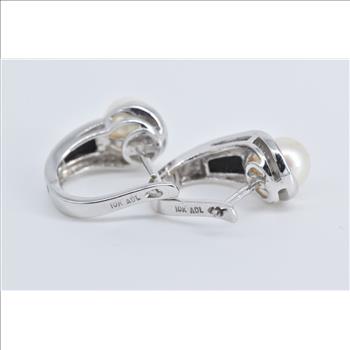 10K Pearl Black Onyx Diamond Hoop Statement White Gold Earrings