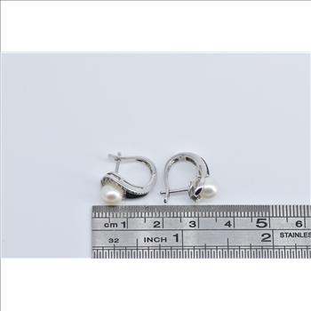 10K Pearl Black Onyx Diamond Hoop Statement White Gold Earrings