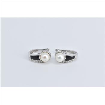 10K Pearl Black Onyx Diamond Hoop Statement White Gold Earrings