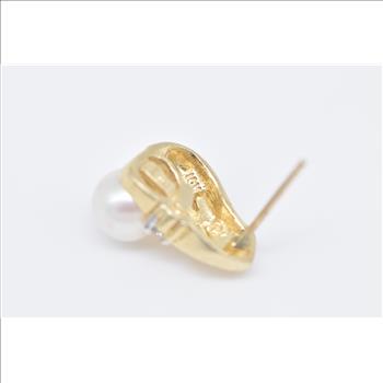10K Pearl Diamond Accent Vintage Single Stud Yellow Gold Earring