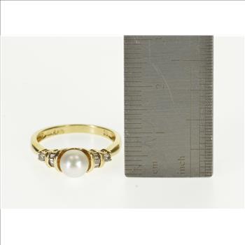 10K Pearl Diamond Channel Inset Accent Engagement Yellow Gold Ring, Size 6.75