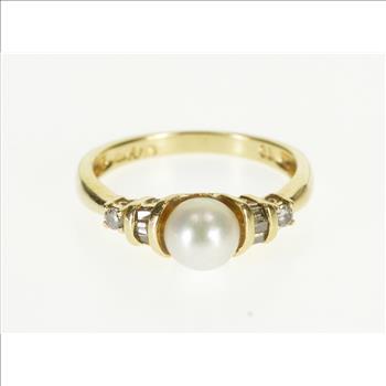 10K Pearl Diamond Channel Inset Accent Engagement Yellow Gold Ring, Size 6.75