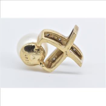 10K Pearl Diamond X Criss Cross Statement Yellow Gold Pendant