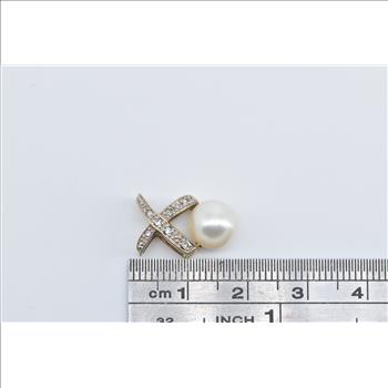 10K Pearl Diamond X Criss Cross Statement Yellow Gold Pendant