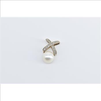 10K Pearl Diamond X Criss Cross Statement Yellow Gold Pendant