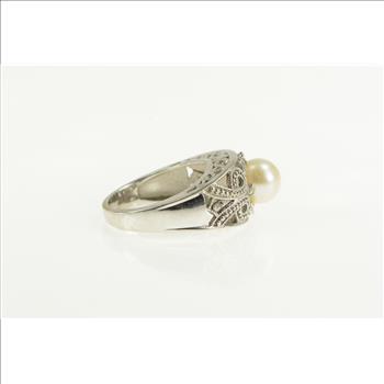 10K Pearl Filigree Diamond Scroll Engagement White Gold Ring, Size 7.25