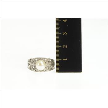 10K Pearl Filigree Diamond Scroll Engagement White Gold Ring, Size 7.25
