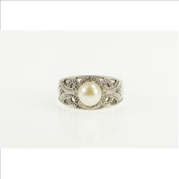10K Pearl Filigree Diamond Scroll Engagement White Gold Ring, Size 7.25