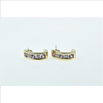 10K Pink Topaz Diamond Curved Bar Semi Hoop Yellow Gold Earrings