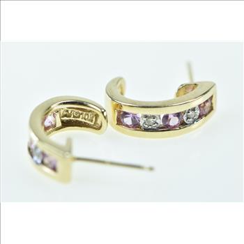 10K Pink Topaz Diamond Curved Bar Semi Hoop Yellow Gold Earrings
