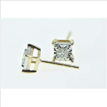 10K Princess Diamond Squared Vintage Classic Stud Yellow Gold Earrings