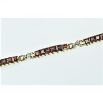 10K Princess Garnet Diamond X Link Bar Tennis Yellow Gold Bracelet 6.75