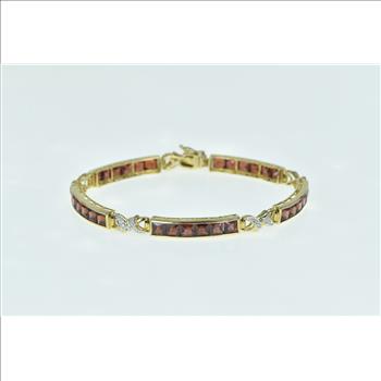 10K Princess Garnet Diamond X Link Bar Tennis Yellow Gold Bracelet 6.75