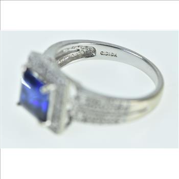 10K Princess Syn. Sapphire Diamond Halo Statement White Gold Ring, Size 6.75