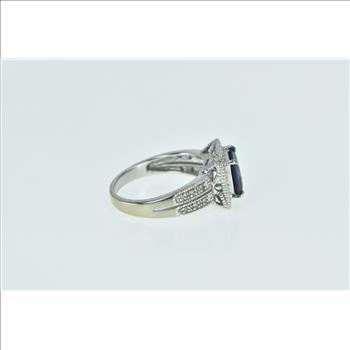 10K Princess Syn. Sapphire Diamond Halo Statement White Gold Ring, Size 6.75