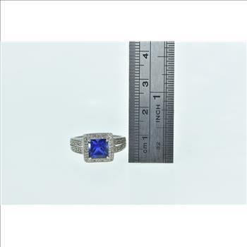 10K Princess Syn. Sapphire Diamond Halo Statement White Gold Ring, Size 6.75