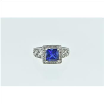 10K Princess Syn. Sapphire Diamond Halo Statement White Gold Ring, Size 6.75