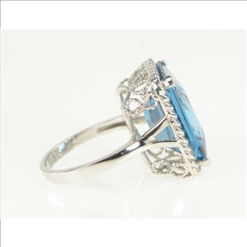 10K Radiant Cut Blue Topaz Ornate Cocktail White Gold Ring, Size 8