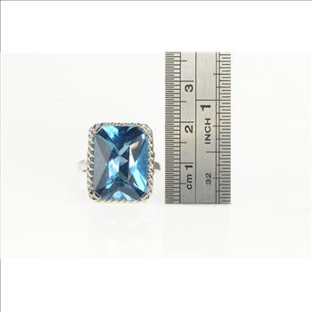 10K Radiant Cut Blue Topaz Ornate Cocktail White Gold Ring, Size 8