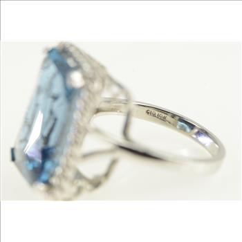 10K Radiant Cut Blue Topaz Ornate Cocktail White Gold Ring, Size 8