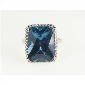 10K Radiant Cut Blue Topaz Ornate Cocktail White Gold Ring, Size 8