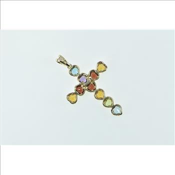 10K Rainbow Heart Gemstone Cross Christian Yellow Gold Pendant