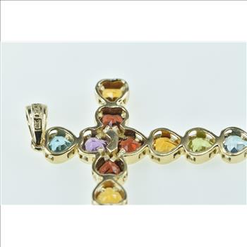 10K Rainbow Heart Gemstone Cross Christian Yellow Gold Pendant