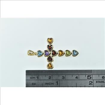 10K Rainbow Heart Gemstone Cross Christian Yellow Gold Pendant