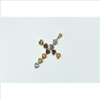 10K Rainbow Heart Gemstone Cross Christian Yellow Gold Pendant