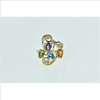 10K Rainbow Pear Diamond Cluster Swirl Statement Yellow Gold Ring, Size 5