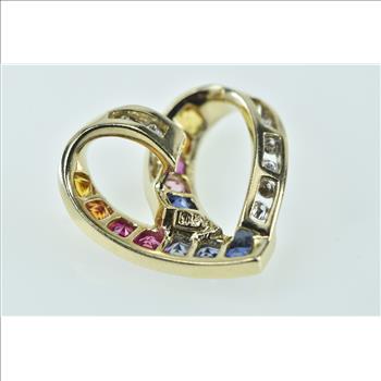 10K Rainbow Sapphire Diamond Heart Loop Yellow Gold Pendant