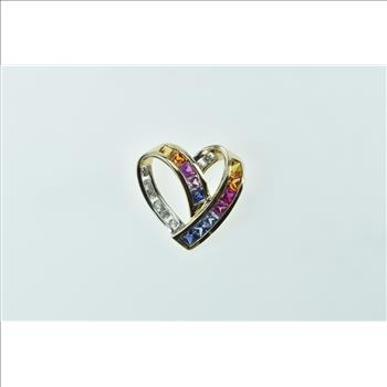 10K Rainbow Sapphire Diamond Heart Loop Yellow Gold Pendant