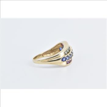 10K Rainbow Syn. Sapphire Wavy Statement Band Yellow Gold Ring, Size 7