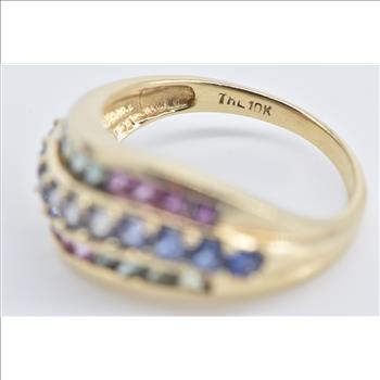 10K Rainbow Syn. Sapphire Wavy Statement Band Yellow Gold Ring, Size 7