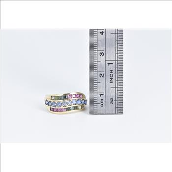10K Rainbow Syn. Sapphire Wavy Statement Band Yellow Gold Ring, Size 7