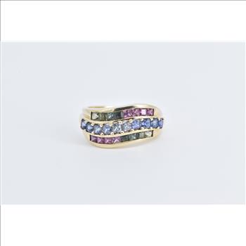 10K Rainbow Syn. Sapphire Wavy Statement Band Yellow Gold Ring, Size 7
