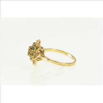 10K Retro Emerald Diamond Cluster Petal Cocktail Yellow Gold Ring, Size 6.5