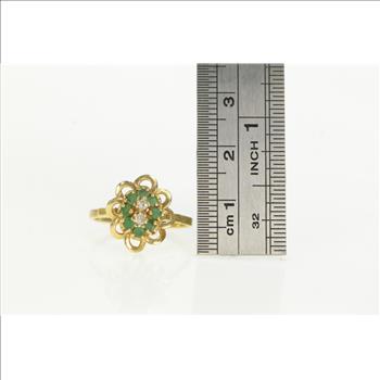 10K Retro Emerald Diamond Cluster Petal Cocktail Yellow Gold Ring, Size 6.5
