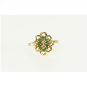 10K Retro Emerald Diamond Cluster Petal Cocktail Yellow Gold Ring, Size 6.5