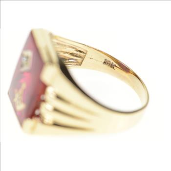 10K Retro Men's Syn Ruby Masonic Emblem Squared Yellow Gold Ring, Size 12.25