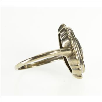 10K Retro Oval Ornate Black Onyx Diamond Overlay White Gold Ring, Size 6.25