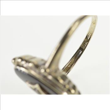 10K Retro Oval Ornate Black Onyx Diamond Overlay White Gold Ring, Size 6.25