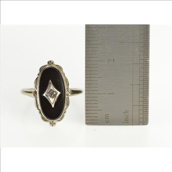 10K Retro Oval Ornate Black Onyx Diamond Overlay White Gold Ring, Size 6.25