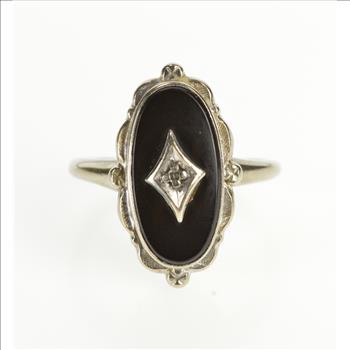 10K Retro Oval Ornate Black Onyx Diamond Overlay White Gold Ring, Size 6.25