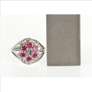 10K Retro Sim. Ruby Cubic Zirconia Cluster Cocktail White Gold Ring, Size 7