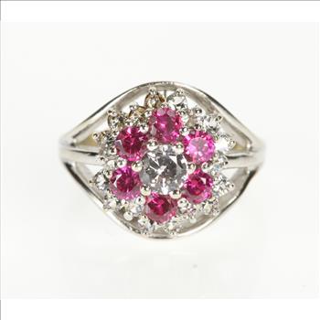 10K Retro Sim. Ruby Cubic Zirconia Cluster Cocktail White Gold Ring, Size 7